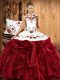 Wine Red Lace Up Halter Top Embroidery and Ruffles Quinceanera Dress Organza Sleeveless