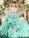 Aqua Blue Quince Ball Gowns Military Ball and Sweet 16 and Quinceanera with Beading and Ruffles Sweetheart Sleeveless Lace Up