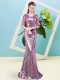 Half Sleeves Floor Length Sequins Zipper Evening Dress with Fuchsia