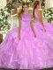 Luxury Lilac Halter Top Backless Beading and Ruffles Quince Ball Gowns Sleeveless