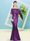 Purple Off The Shoulder Neckline Sequins Prom Party Dress Half Sleeves Zipper