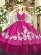 Fuchsia Ball Gowns V-neck Sleeveless Satin and Tulle Floor Length Zipper Embroidery Vestidos de Quinceanera