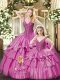 Elegant Fuchsia V-neck Neckline Beading and Ruffled Layers Quinceanera Gown Sleeveless Lace Up