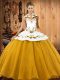 Gold Sleeveless Embroidery Floor Length 15th Birthday Dress