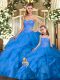 Sweet Tulle Sweetheart Sleeveless Lace Up Beading and Ruffles Quince Ball Gowns in Blue