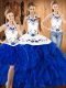Blue And White Halter Top Lace Up Embroidery Ball Gown Prom Dress Sleeveless