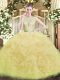 Custom Made Champagne Scoop Backless Lace and Ruffles Quince Ball Gowns Sleeveless