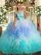 Ideal Lace and Ruffles Ball Gown Prom Dress Multi-color Backless Sleeveless Floor Length
