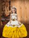 Gold Lace Up Straps Embroidery and Ruffles Little Girls Pageant Dress Organza Sleeveless