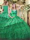 Turquoise Organza Side Zipper Ball Gown Prom Dress Sleeveless Floor Length Beading and Embroidery and Ruffled Layers