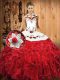 Ideal Sleeveless Satin and Organza Floor Length Lace Up 15 Quinceanera Dress in White And Red with Embroidery and Ruffles