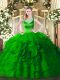 Best Floor Length Green Sweet 16 Dresses Organza Sleeveless Beading and Ruffled Layers