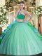 Low Price Multi-color Tulle Backless High-neck Sleeveless Floor Length Vestidos de Quinceanera Beading and Ruffles
