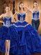 Custom Design Organza Sweetheart Sleeveless Lace Up Embroidery and Ruffles 15th Birthday Dress in Royal Blue