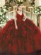 Luxury V-neck Sleeveless Sweet 16 Dress Floor Length Beading and Lace and Ruffles Wine Red Organza