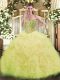 Sleeveless Organza Asymmetrical Lace Up Ball Gown Prom Dress in Yellow Green with Ruffles