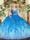 Tulle Sleeveless Floor Length 15 Quinceanera Dress and Beading and Ruffles