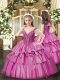 Latest Fuchsia V-neck Lace Up Beading and Ruffled Layers Child Pageant Dress Sleeveless