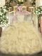 Dramatic Gold Sleeveless Beading and Ruffles Floor Length Quinceanera Dresses