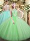 Fashionable Floor Length Backless Sweet 16 Dress Apple Green for Military Ball and Sweet 16 and Quinceanera with Lace