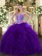 Floor Length Lace Up Quinceanera Dresses Purple for Military Ball and Sweet 16 and Quinceanera with Beading and Ruffles