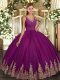 Fancy Sleeveless Tulle Floor Length Backless Quince Ball Gowns in Purple with Beading and Appliques
