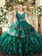 Sleeveless Floor Length Beading and Ruffles Backless Sweet 16 Dress with Turquoise