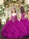 Fuchsia Kids Formal Wear Party and Quinceanera with Beading and Ruffles V-neck Sleeveless Lace Up