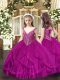 Fuchsia Kids Formal Wear Party and Quinceanera with Beading and Ruffles V-neck Sleeveless Lace Up