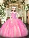 Customized Rose Pink Lace Up Pageant Dress for Teens Beading and Ruffles Sleeveless Floor Length