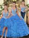 Ball Gowns Quinceanera Gowns Baby Blue Straps Tulle Sleeveless Floor Length Lace Up