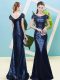 Vintage Navy Blue Cap Sleeves Sequins Floor Length Dress for Prom