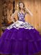 High Quality Sleeveless Organza Sweep Train Lace Up Quinceanera Gown in Purple with Embroidery