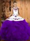 Superior Sleeveless Tulle Floor Length Lace Up 15 Quinceanera Dress in Purple with Embroidery and Ruffles