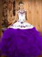 Superior Sleeveless Tulle Floor Length Lace Up 15 Quinceanera Dress in Purple with Embroidery and Ruffles