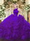 High Class Purple Ball Gowns Belt Sweet 16 Dresses Clasp Handle Fabric With Rolling Flowers Sleeveless Floor Length