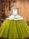 Floor Length Lace Up Sweet 16 Quinceanera Dress Olive Green for Military Ball and Sweet 16 and Quinceanera with Embroidery