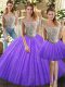 Floor Length Eggplant Purple Sweet 16 Dresses Tulle Sleeveless Beading