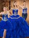Blue Ball Gowns Embroidery and Ruffles Quinceanera Gowns Lace Up Satin and Organza Sleeveless Floor Length