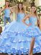 Eye-catching Baby Blue Tulle Lace Up Sweetheart Sleeveless Floor Length Vestidos de Quinceanera Beading and Ruffled Layers