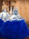 Sleeveless Floor Length Embroidery and Ruffles Lace Up 15th Birthday Dress with Blue
