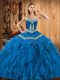 Blue Sleeveless Floor Length Embroidery and Ruffles Lace Up Ball Gown Prom Dress
