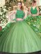 Discount High-neck Sleeveless 15 Quinceanera Dress Floor Length Beading and Ruffles Olive Green Tulle