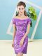 Trendy Sequins Eggplant Purple Zipper Short Sleeves Mini Length