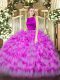 Super Fuchsia Ball Gowns Scoop Sleeveless Organza Floor Length Clasp Handle Ruffled Layers Quinceanera Dress