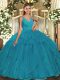 Modern Ball Gowns 15 Quinceanera Dress Teal V-neck Organza Sleeveless Floor Length Backless