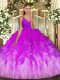 Multi-color Ball Gowns Tulle V-neck Sleeveless Ruffles Floor Length Backless 15th Birthday Dress