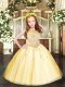 Custom Design Sleeveless Tulle Floor Length Zipper Little Girls Pageant Dress Wholesale in Gold with Beading and Appliques