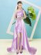 Nice Lilac Empire One Shoulder Sleeveless Elastic Woven Satin and Sequined High Low Lace Up Sequins Prom Gown
