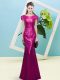 Hot Sale Mermaid Prom Gown Fuchsia Scoop Sequined Cap Sleeves Floor Length Zipper